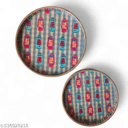 MADARKS Handcrafted MDF Decorative Round Trays – Set of 2 (9 & 7 Inch) | Printed Art Designs | Enamel Finish | Multipurpose Use