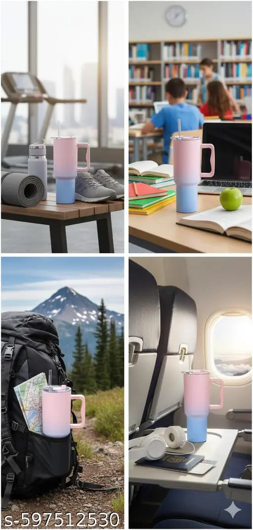 Insulated Travel Mug with Handle and Straw Stainless Steel Large Capacity Coffee & Cold Drink Cup, Leak-Resistant Lid for Office, Home, Gym & Travel Use (40 oz, Pink & Blue )