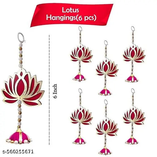Lotus Hanging Decoration for Pooja & Festivals | Set of 6 Acrylic Pink Lotus Wall Hangings for Ganpati, Diwali, Mandir Décor| Ganpati Mandap, Pooja rooms, wedding backdrops, and festival corners.