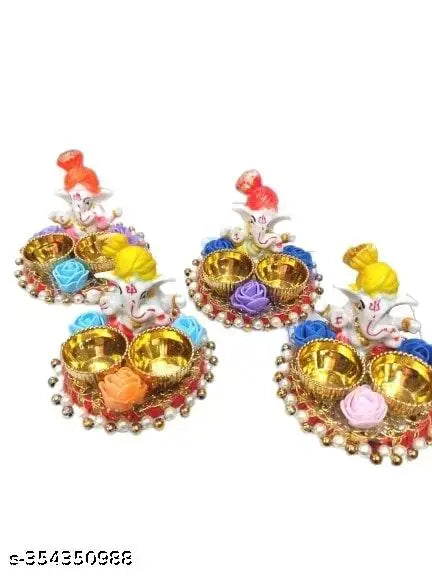 Beautiful & Ethnic Ganpati Haldi Kumkum Stand with 2 Roli Chawal Holder for Rakhi/Wedding/Return Gift/Welcome Plate/Home Pooja Thali Set (Pack of 4)