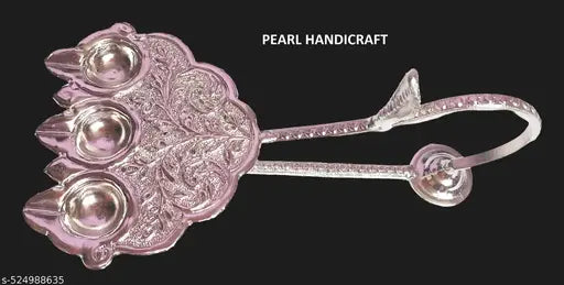 Pure Brass Pooja Aarti Traditional   Instrument, Hindu Devotional Accessory.   As it holds the flame that guides the devotees’ prayers and meditative focus. ( Silver Plated )