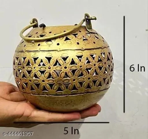 BALAJI INC. Metal Handi Flower cutting Round Tea Light Candle Holder Vintage Iron Dhoop Incense Burner Handcrafted Decorative Tea Light with Intricate Cutwork Design, Traditional Aromatherapy Diffuser for Home Decor And Wall Hanging Brass Urli Decorative