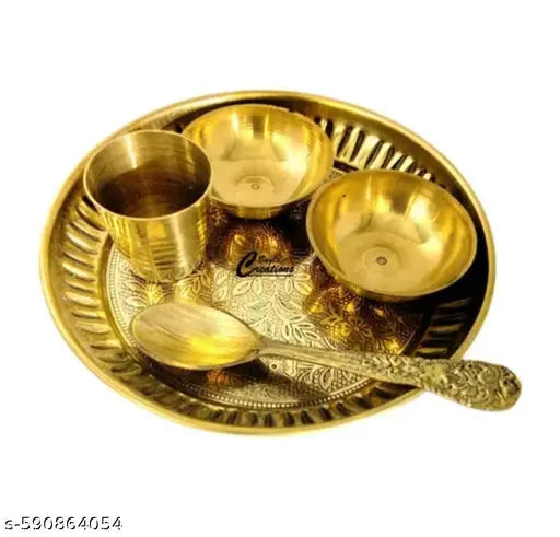 Brass Bhog Pooja Carving thali Set for Daily use Home Temple décor Gold Size @13cm