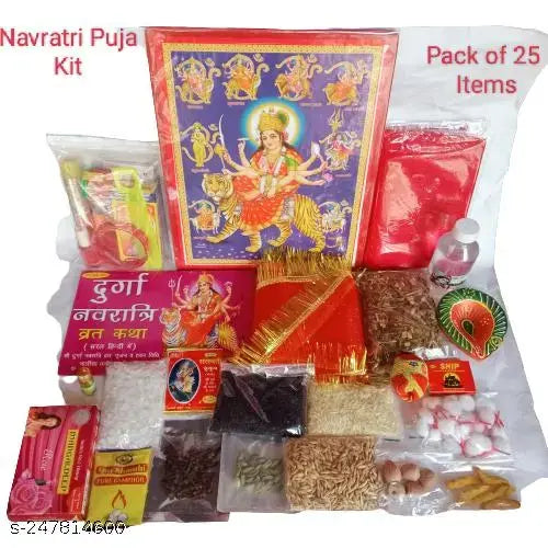 Saraswati Gallery Navratri Puja Kit/Durga Puja Kit/Mata Rani Puja Kit Sampurna Puja Items with Puja Vidhi Navratri Pujan Kit Pack of 25 Items.