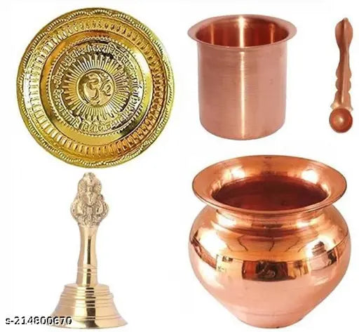 Haridwar Divine Pooja Samagri || Combo of Brass OM Plate, Brass Bell/Ghanti and Copper kalash lota  with Panch Patra/Achmani Pali Best Items for Temple/Home Pack of 1, from Haridwar