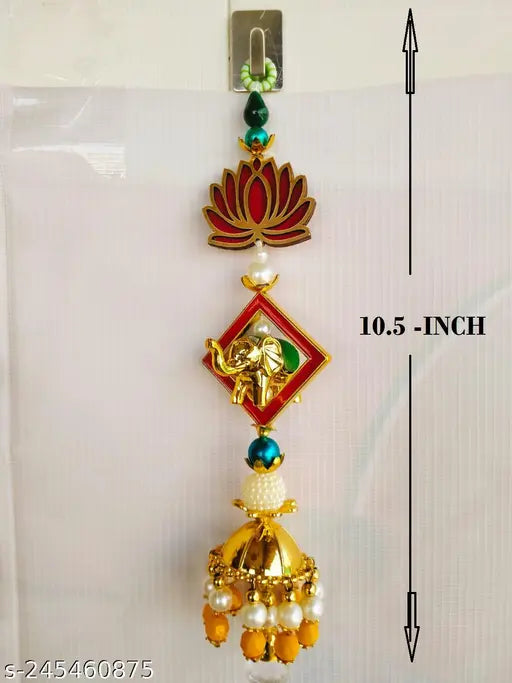 Red Color Lotus Crystal Diamond Wirh Elephant Golden Caps,Door Hanging Latkan Toran for Main Door Multi Colour Beads Size (Size:10.5-Inch) Length (1 Pair) (2Pes)
