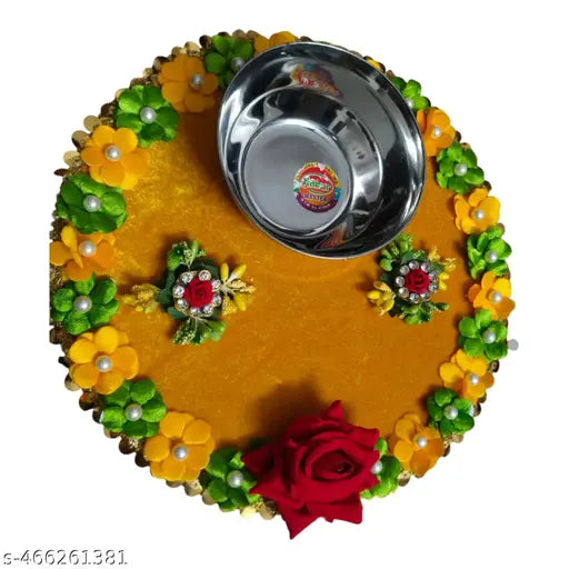 Handmade Decorative Wooden Wedding Tray with Artificial Flowers For Haldi Mehndi