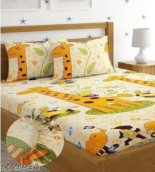 Super Soft Glace Cotton All Round Elastic Fitted Double Bed Bedsheet with 2 Pillow Covers-72x78x8