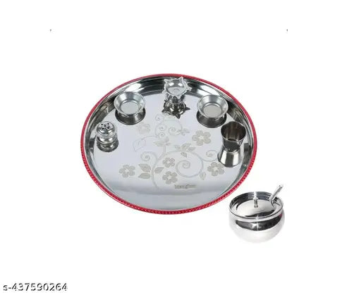 29 cm pooja plate for home and office temple with diya,roli chawal holder, glasi and gheepot