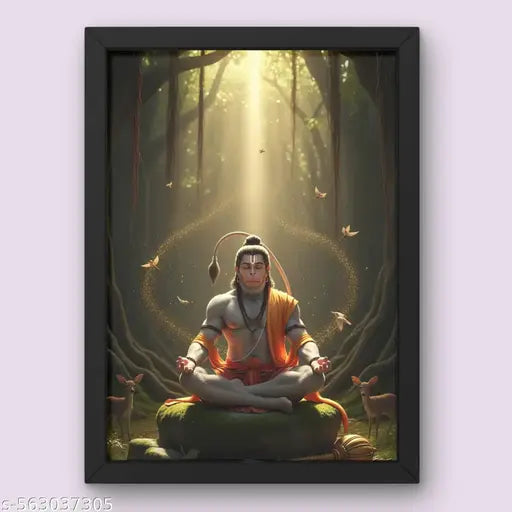 Meditating Lord Hanuman Wall Frame – Spiritual Forest Art Poster