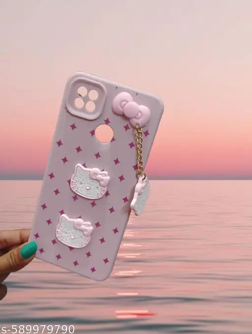Redmi 9C Hello Kitty 3D Cartoon Silicone Back Cover with Hanging Chain Pink Cute Girls Case, Shockproof Flexible