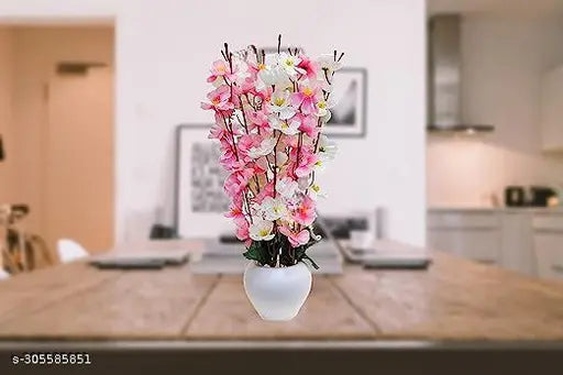 Artificial Flowers for Decoration with Pot, Home Decor, Office Decor, Cherry Blossom Combo, Light Pink White, 1Piece