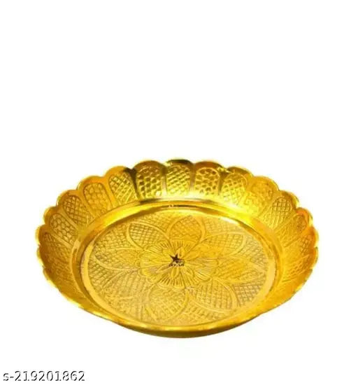 Fashionable Puja Articles Name: Fashionable Puja Articles Material: Brass Type: Pooja Thalis & plates Product Length: 10 M Product Height: 1.5 M Product Breadth: 1.5 M Net Quantity (N): 1 beautiful brass plate for bhog and other items for office , house,