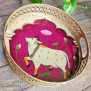 Round Tray (Set of 1) Cow Purple Pichwai Tray (Size = 6) | Best for Home Decor, Wedding Gift, Diwali Gift and Multiuse | High Glossy Raisen Work Trays Featuring