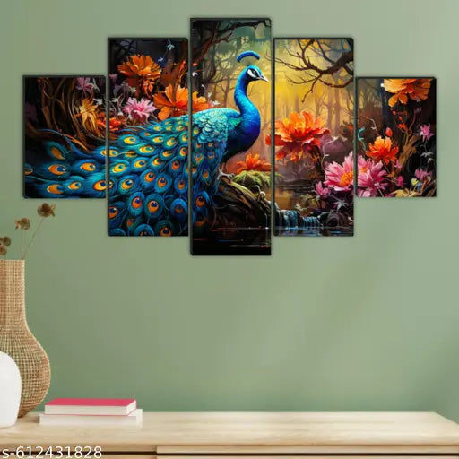 WallArt  Set of 5 Premium Modern Art Peacock Wall Painitngs For Living Room Decoration Gift items /home decor/ modern art paintings 30 x 18 inch