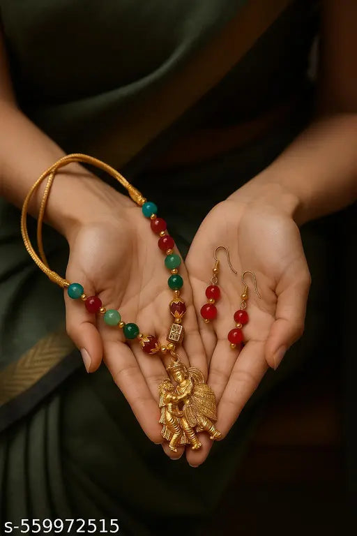 Handcrafted Devotional Jewelry Set with EarringsColorful Beaded Necklace Set with Mythological Pendant