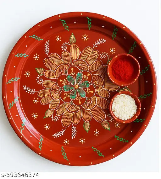 Grest Handcrafted 11 Inches Red Pooja Thali with Floral Design and Two Kumkum Bowls – Decorative Plate for Festivals & Rituals
