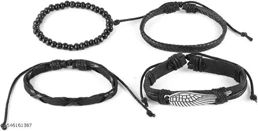 Leather Bracelet Set, 4pcs Black Genuine Braided Leather Bracelets, Tribal Woven Ethnic Wrap Infinity Bracelet for Men & Boys