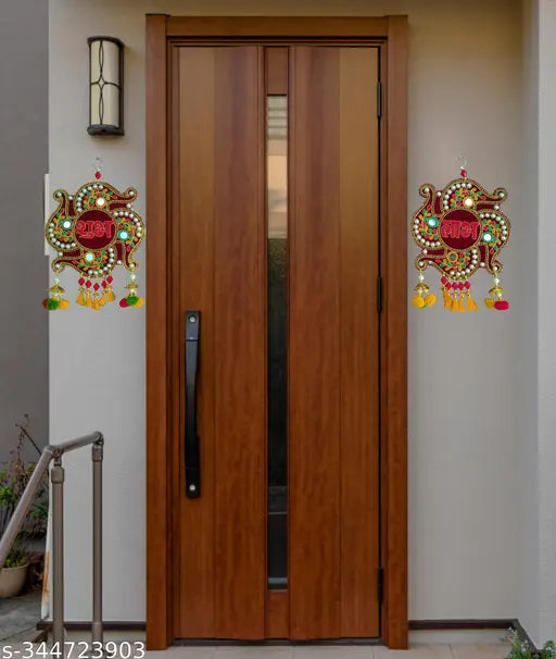 REPTUM DECOR Traditional SUBH LABH WALL HANGING Diwali Decoration Wall Décor HANDICRAFT MULTI COLOR WALL HANGING FOR pooja, Housewarming, Wedding And Engagement, OFFICE, HOME ENTRANCE- SET OF 2