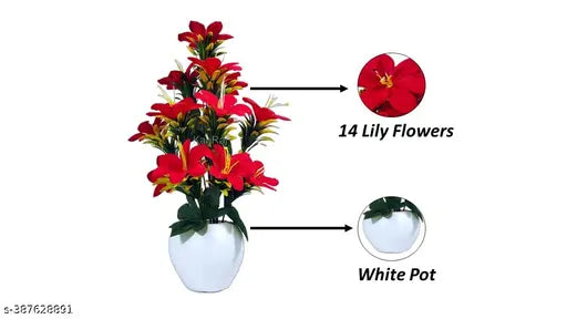 KanRaj ® Premium Quality Lily Artificial Flowers with apple pot for Gifting, Home Decor,Bedroom, Balcony, Living Room, Restaurant, Valentine's Day Decoration (Red, Pack of 2)