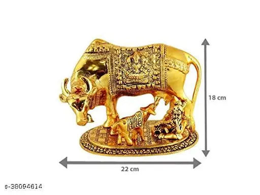 LAXMI MARBLE & GRANITE Kamdhenu Cow with Calf & Krishna Brass God Figure Showpiece Decor (Medium Regular Quality)
