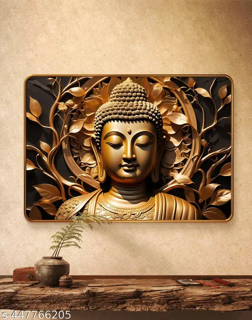 SAF Premium Paintings Lord Buddha Religious with Sparkle Lamination Finished Surface Golden Slim Frame For Home/Office/Living Room/Hotel/ 50 cm x 34 cm Large Size, MG480
