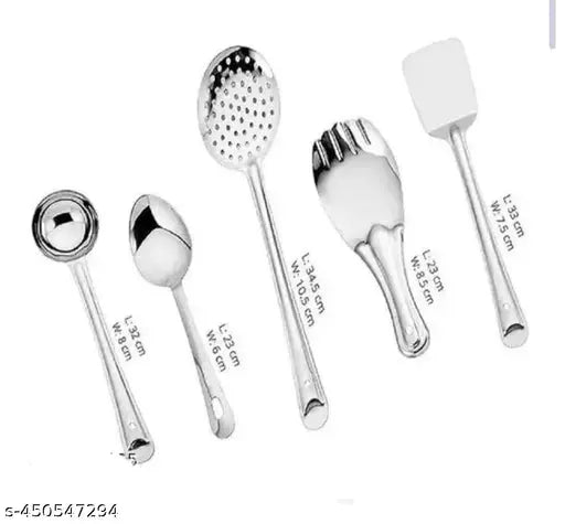 5 Pieces Stainless Steel Kitchen Tools Set for Kitchen Cooking and Serving, Pack of 5, Ladle(Karchhi), Skimmer(Jhara), Turner/Spatula (Palta), Basting and Rice Spoon, Silver