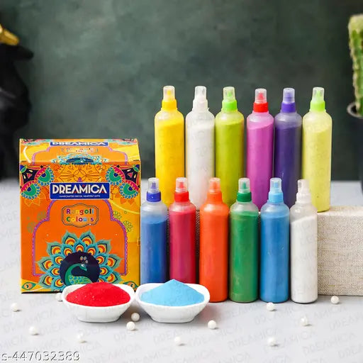 Dreamica Rangoli Colours Pack of 12 | Vibrant Rangoli Powder Bottles for Diwali, Navratri, Pongal, Holi, Wedding Décor, Floor Art, Home Mandir, Festival Decoration & Craft DIY