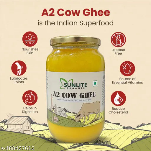 Sunlite Organic A2 Desi Cow Ghee – 1000g Pure & Natural | Traditional Bilona Method | NON - GMO Certified