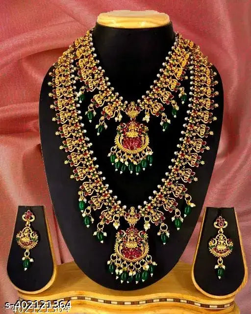GREEN MOTI RED RUBY STONE  FLOWER DESIGN MATTE COMBO SET