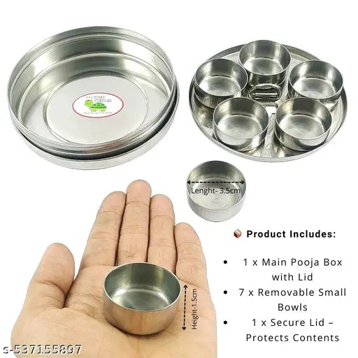 Chef Turtles Stainless Steel Round Pooja Box 7 Containers for Roli, Chawal, Chandan, Kumkum, Haldi, Sindoor & Turmeric | Small Steel Pooja Dabbi Dibbi Dhani | Puja Samagri Box 4.5inches.