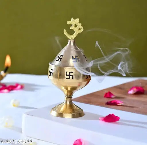 CLICKNECT INDIA Jyoti Diya in Brass with Om and Swastik Design Folding Stand Open Cap Cover Swastik Symbol Oil Lamp for Temple,Home,Office Pooja.