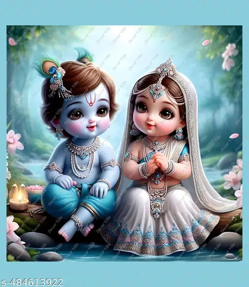 Decor Villa™ Cute  Radha Krishna Wall Poster, Baby Krishna, Radha Krishna Multicolour Wall Poster For Living Room, Office Room, Bedroom Etc.