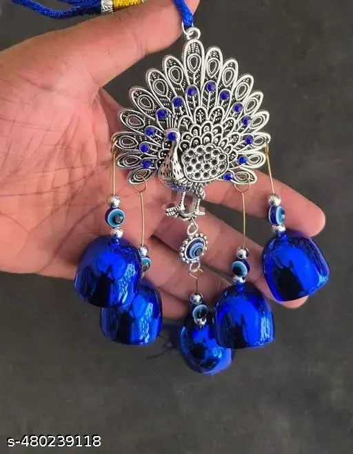 HH Decorative Wall Hanging Peacock with Blue Tassels and Bells - Evil Eye Protection, Metal Craft Home Decor for Positive Energy and Aesthetic Vibes, 12-Inch Handmade Ornament for Gifting, Wind Chime