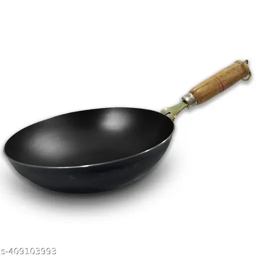 Iron wok wooden Handle/Tadka pan 9 Inch/23 CM Pure Iron, Without Coating Toxic Free
