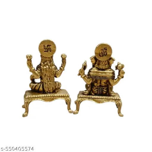 SJL Wax Casting Brass Lakshmi Gaanesh Idol for Tample,Home,Office & Car Dashboard Decorative Showpiece - 5 cm (Brass, Gold)