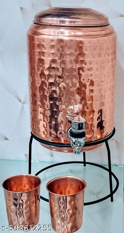 Design World Copper Plated 5 Liter Hammered Water Dispenser stainless steel (Matka/Pot) with Stand and Two Copper Glass Container Pot(5000 ml) Copper bottle Copper glass Copper jug Copper mugs Copper itam Copper matka