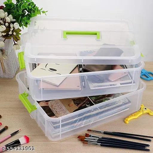 4 Layer Plastic Storage Containers with Lids, Multipurpose Clear Stack & Carry Box, Portable Craft Organizers, and Storage Bin for Organizing Arts & Crafts, Sewing, stationery box,(MultiColor)