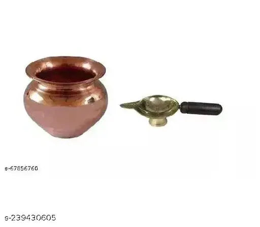 Combo of Copper (3 No Regular Size) Kalash Lota with (2 No Small Size) Akhand Laxmi Deepak Pital Diya with Wooden Grip for Puja Purpose