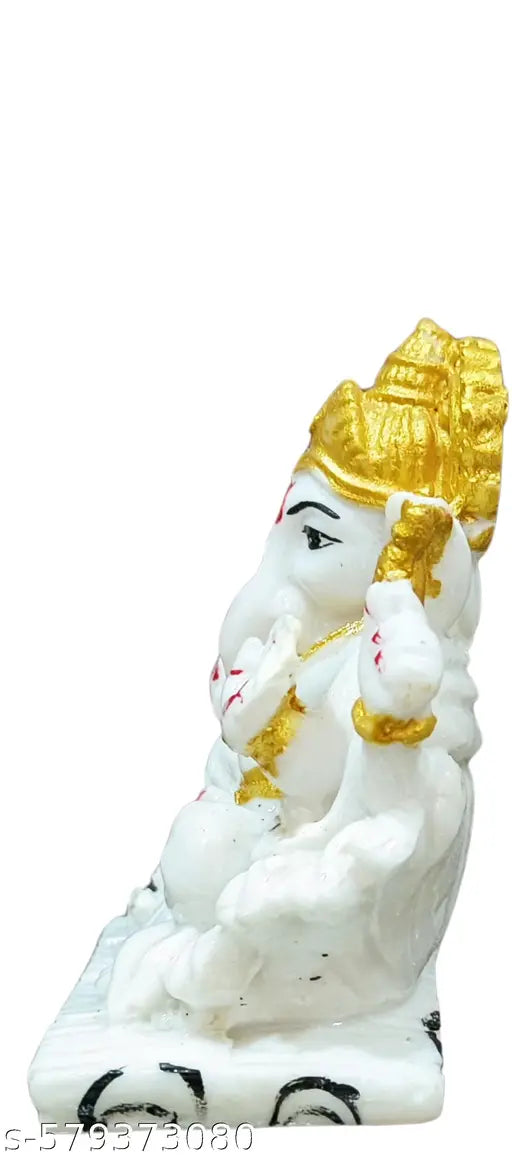 Premium Car Dashboard Ganpati Idol – White Marble Look with Golden Crown   | Lord Ganesha Murti for Ganpati ji Chaturthi, Car Decor & Gifting"