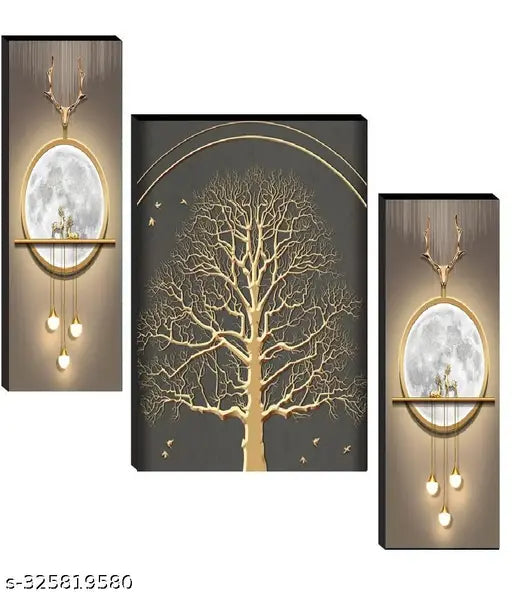 Set of 3 Flower Pots Modern art self adeshive Home decorative gift item wall painting for living room , office , hotel MDF framed painting 12 inch X 18 inch(pack of 3 )