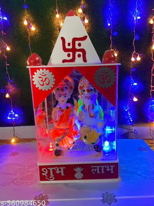Divine Lakshmi Ganesha Idol with Glowing LED Light | Mandir Acrylic Murti for Diwali Gift, Pooja Ghar & Office Table Decor
