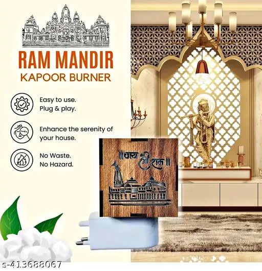 VILOMP Ayodhya Ram Mandir Electric Home Fragnance Lamp with Night Lamp, Shri Ram Ayodhya Mandir Incense Holder for Home, Office, Living Room, Kapoor Dani, Rectangular (Pack of 1)