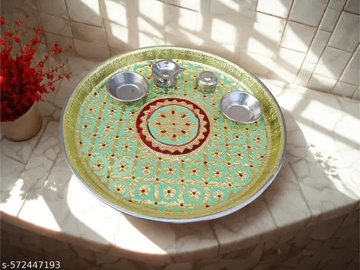 Handicrafted Meenakari Pooja Thali With Diya And Insence Stick Holder For Wedding And Gift