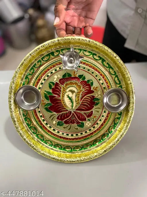 Decorative Pooja thali/Ornate Embellished Pooja Plate/Traditional Aarti Thali/Decorated Pooja Tray/Indian Pooja Thali with Diyas/Puja Thali Set