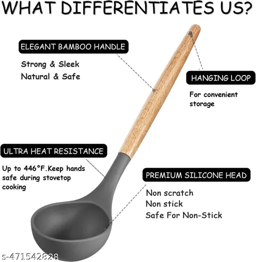 Silicone Ladle Spoon - Kitchen Soup Ladle - Cooking Utensils - Non-Stick Cookware - Ladles for Cooking, Serving - Wooden Handle Ladle, Heat Resistant & Nonstick Ladle - Doas Ladle (1pcs, Grey)