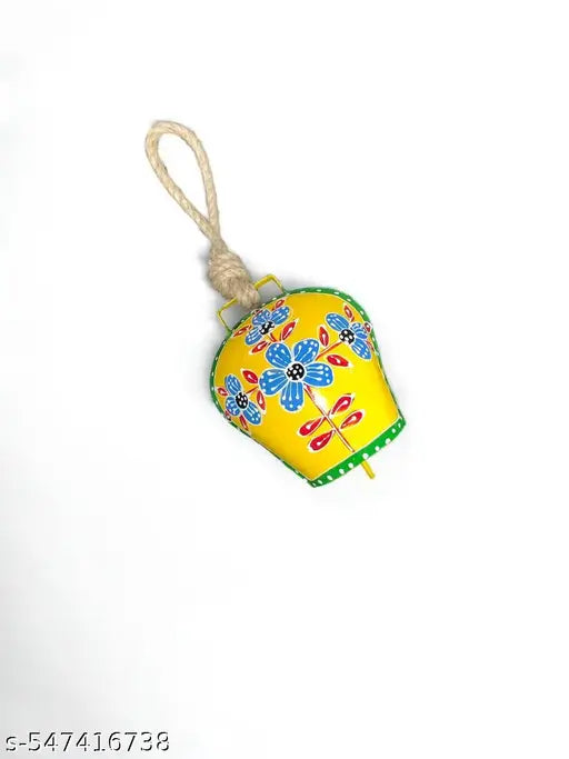 DULI Swiss-Style Metal Hanging Bell for Main Door & Wall Décor | Vastu Feng Shui Decorative Bell with Yellow-Blue Floral Design | 12x6 Inch | Home, Office, Spiritual Decor