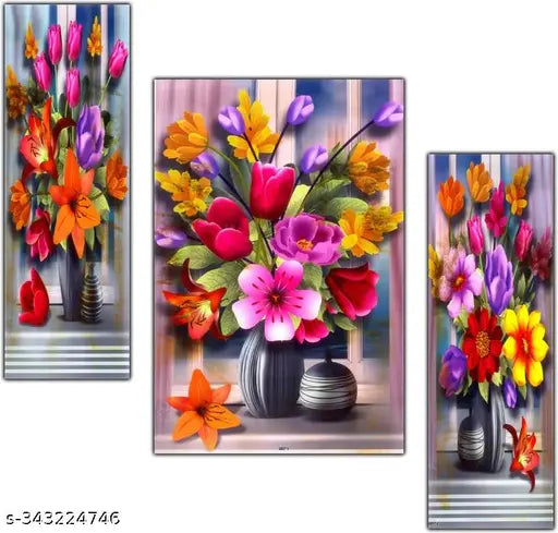 MAC Set of 3 Natural Flower Modern art self adeshive Home decorative gift item wall painting for living room , office , hotel MDF framed painting 12 inch X 18
