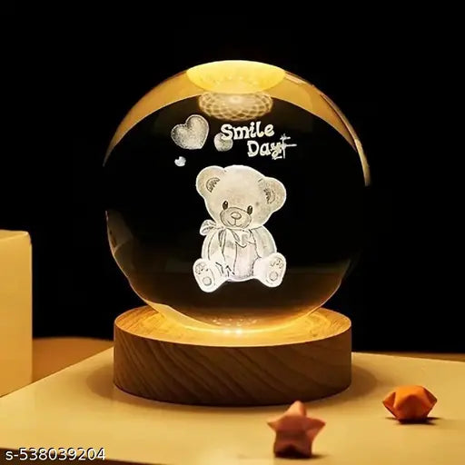 TAKSHIT  3D Smile Day Crystal Ball Night Lamp, Solar System Smile Crystal Ball Night Light, USB Table Colorful Led Wooden Crystal Ball for Home, Office, Birthday Gift (Smile Day)