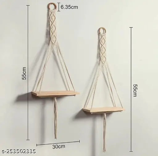 navratri decoration  and Diwali decoration  Macrame Wall Hanging Shelf Cotton Rope Natural Pine Wood Swing Triangle Floating Shelf Shelves  Modern Decor for Living Room Office Festive Toran Bedroom (Pack OF 2, WHITE)